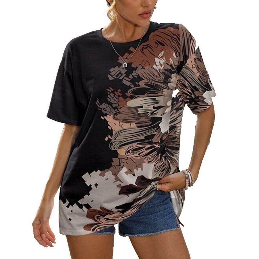 Pink Daisy Black & Brown Abstract Crewneck Oversize Tee Women Size M